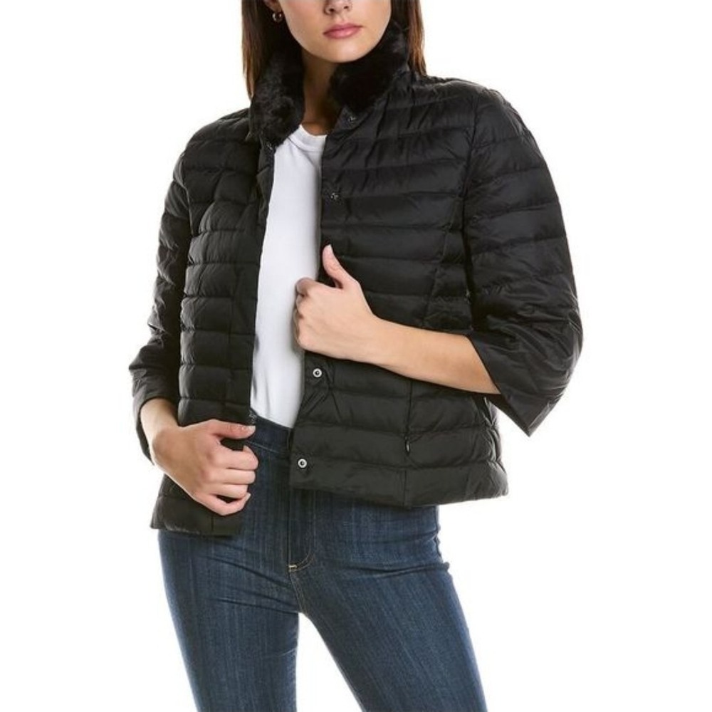 J McLaughlin Womens XL Black Down Puffer Jacket Faux Fur Collar 3/4 Sleeve